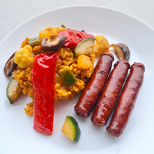 Hoofdgerecht: paella met chistorra en groentjes